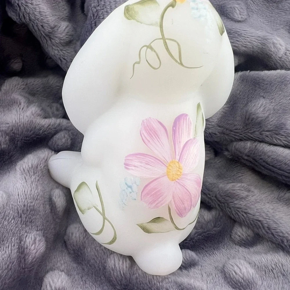 Fenton Opal Satin Lop Eared Bunny Rabbit Floral Crystals Signed 3.75